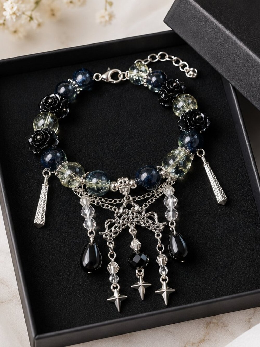 Statement Charm Bracelet Black Silver Beaded Gothic Boho Dangle Adjustable